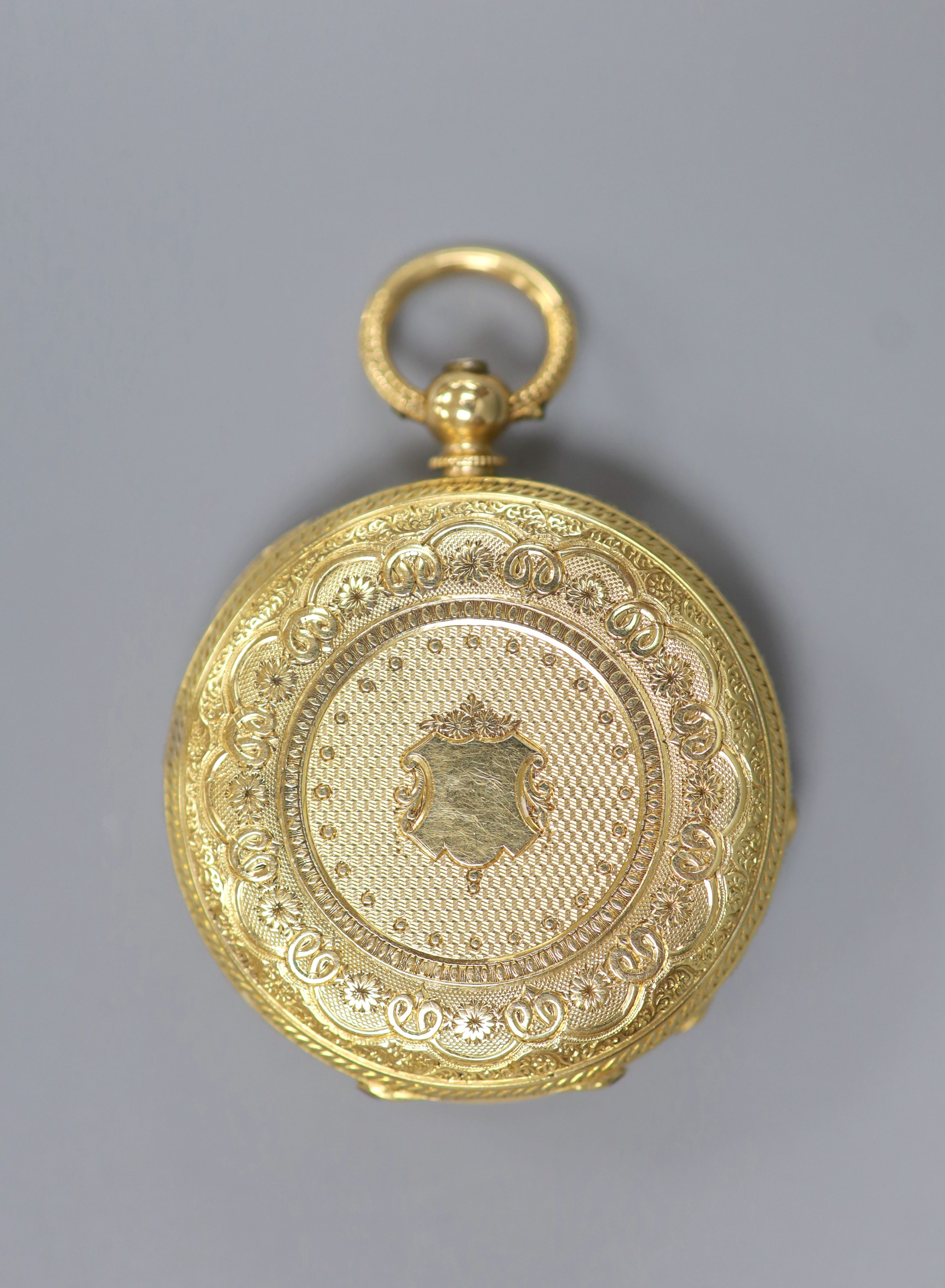 A continental engraved 18k yellow metal open face pocket watch